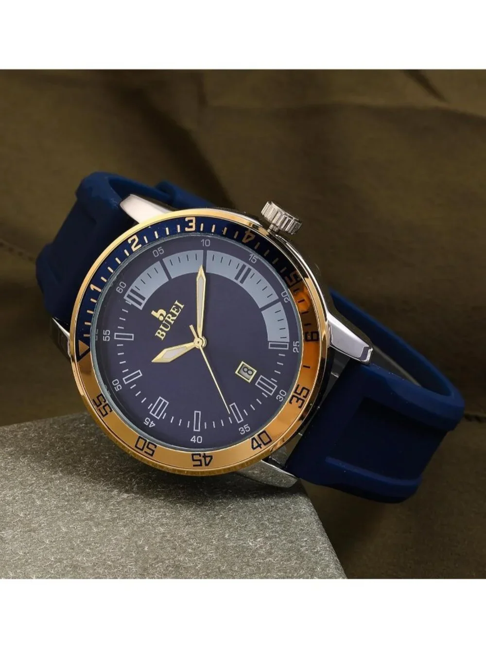 Men's Blue Gold Analog Quartz Silicone Waterproof Geometric Design Classic Watch